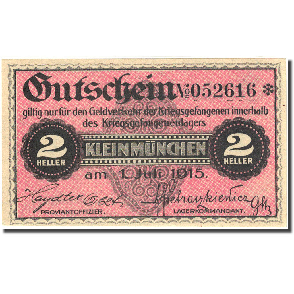 Banknote, Austria, Kleinmünchen, 2 Heller, valeur faciale, 1915 pink UNC(63)