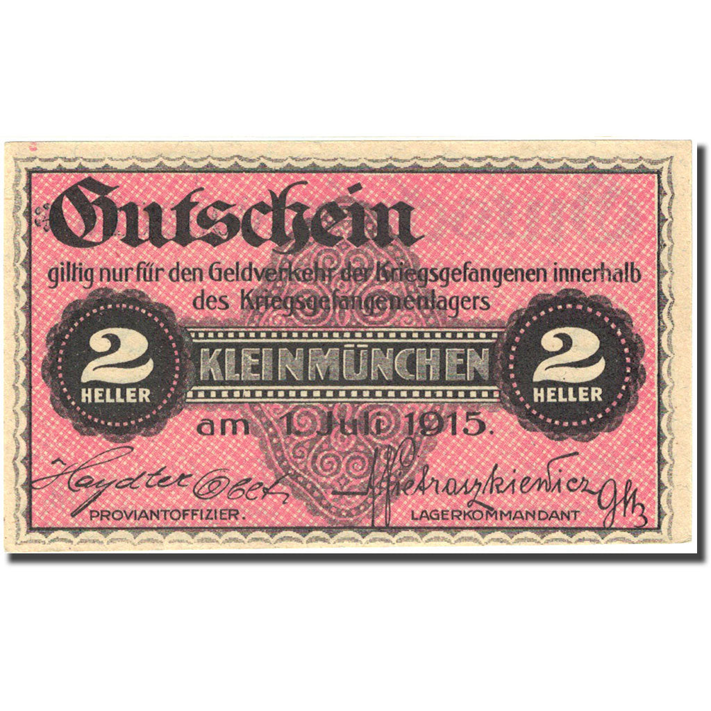 Banknote, Austria, Kleinmünchen, 2 Heller, valeur faciale, 1915 pink UNC(63)