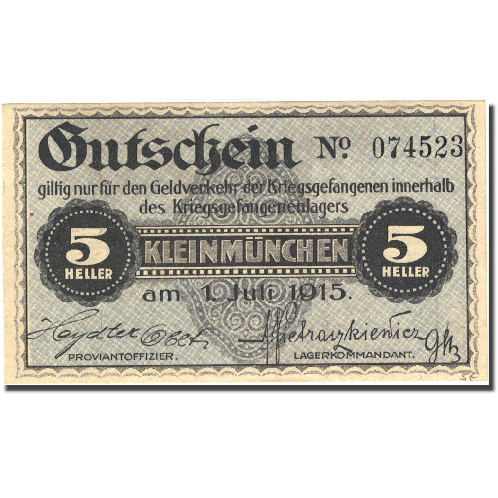 Banknote, Austria, Kleinmünchen, 5 Heller valeur faciale 1915-07-01 blue UNC(63)