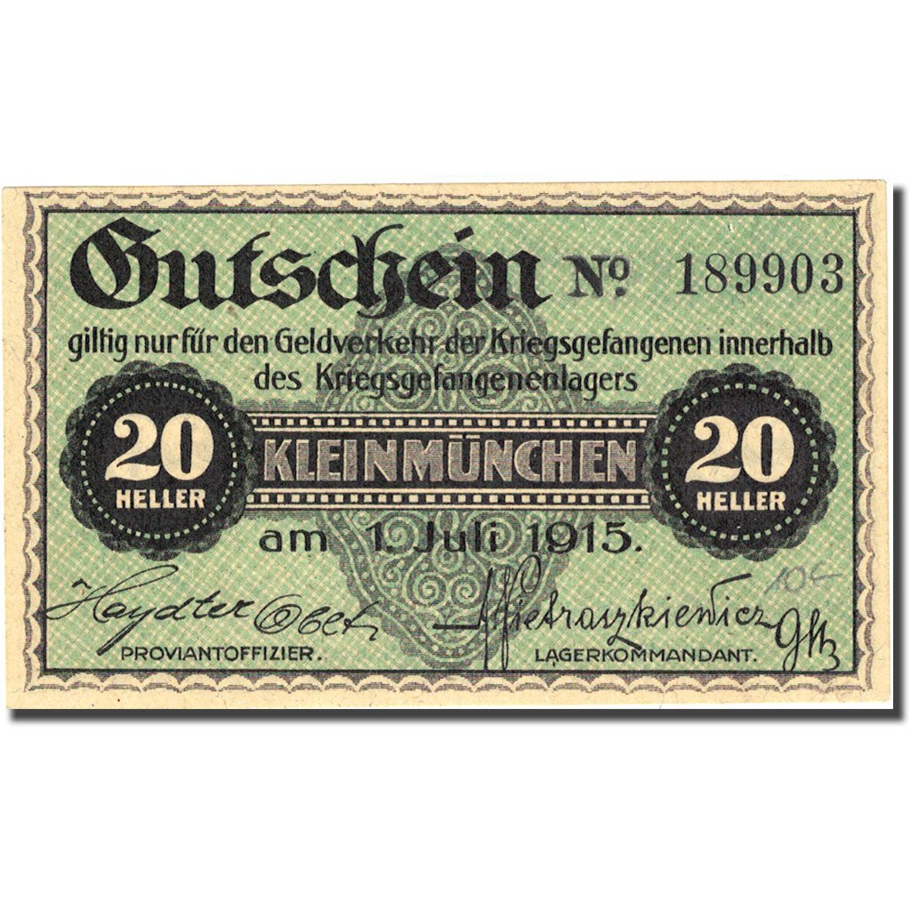 Banknote, Austria, Kleinmünchen, 20 Heller, valeur faciale, 1915 green UNC(63)
