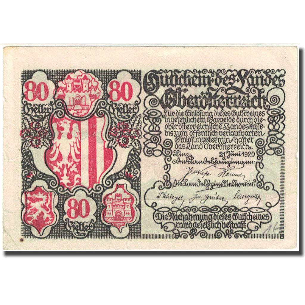 Banknote, Austria, Linz, 80 Heller, Blason, 1920, 1920-06-21, EF(40-45)