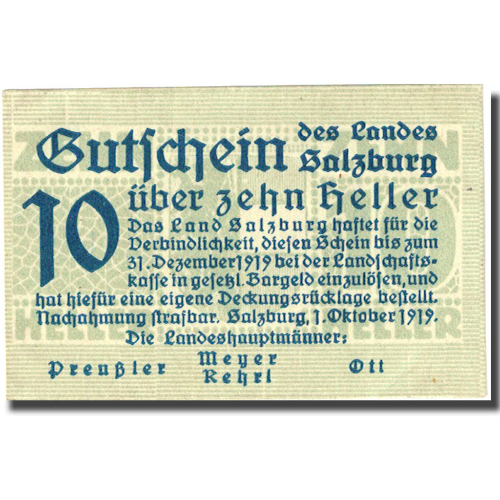 Geldschein, Österreich, Salzburg, 10 Heller, valeur faciale 1919 VZ Mehl:FS 8601