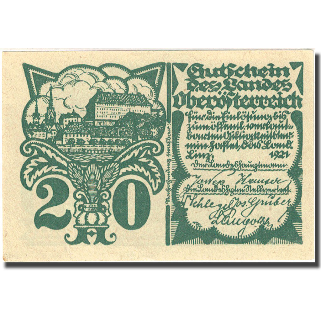 Banknote, Austria, Linz, 20 Heller, chateau 1, 1921 green UNC(63)