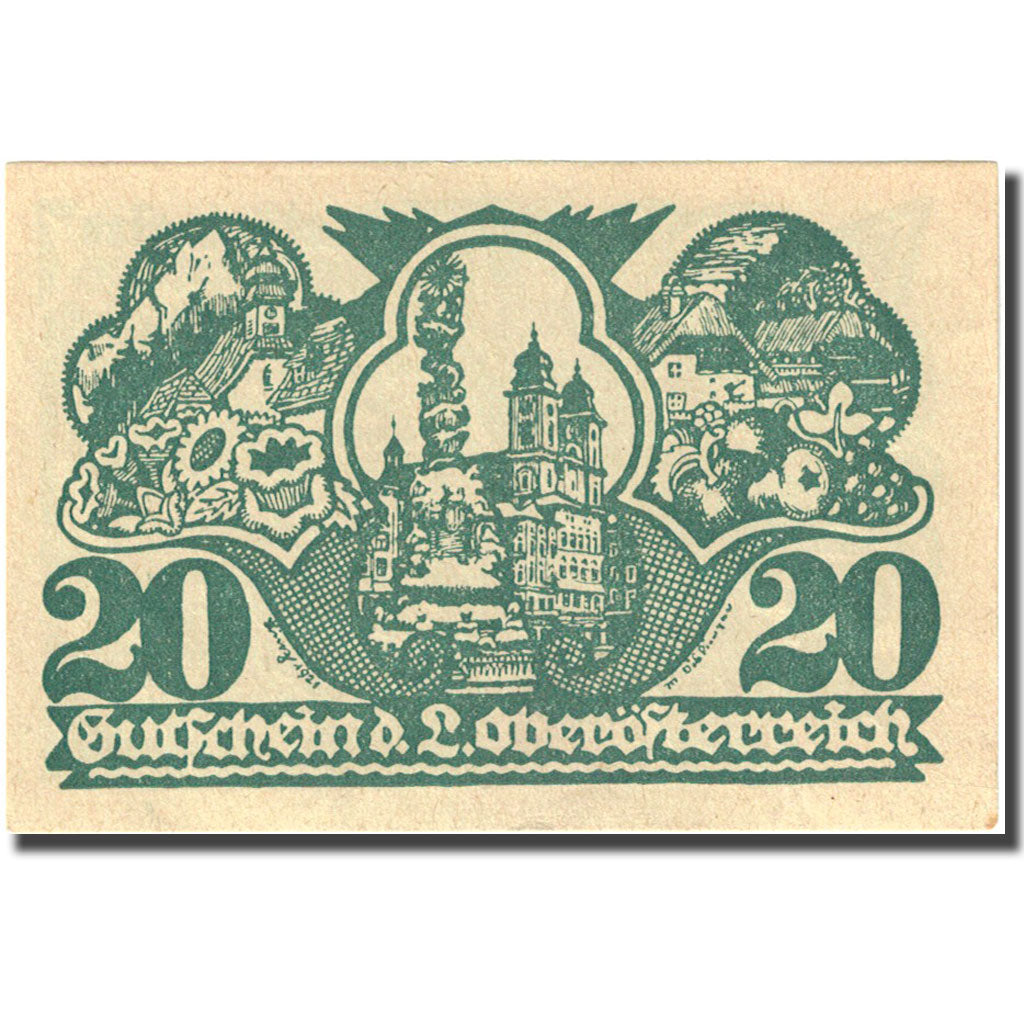 Banknote, Austria, Linz, 20 Heller, chateau 1, 1921 green UNC(63)