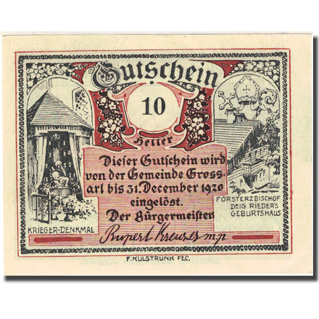 Banknote, Austria, Grossarl, 10 Heller, paysage, 1920 UNC(60-62) Mehl:FS 292c