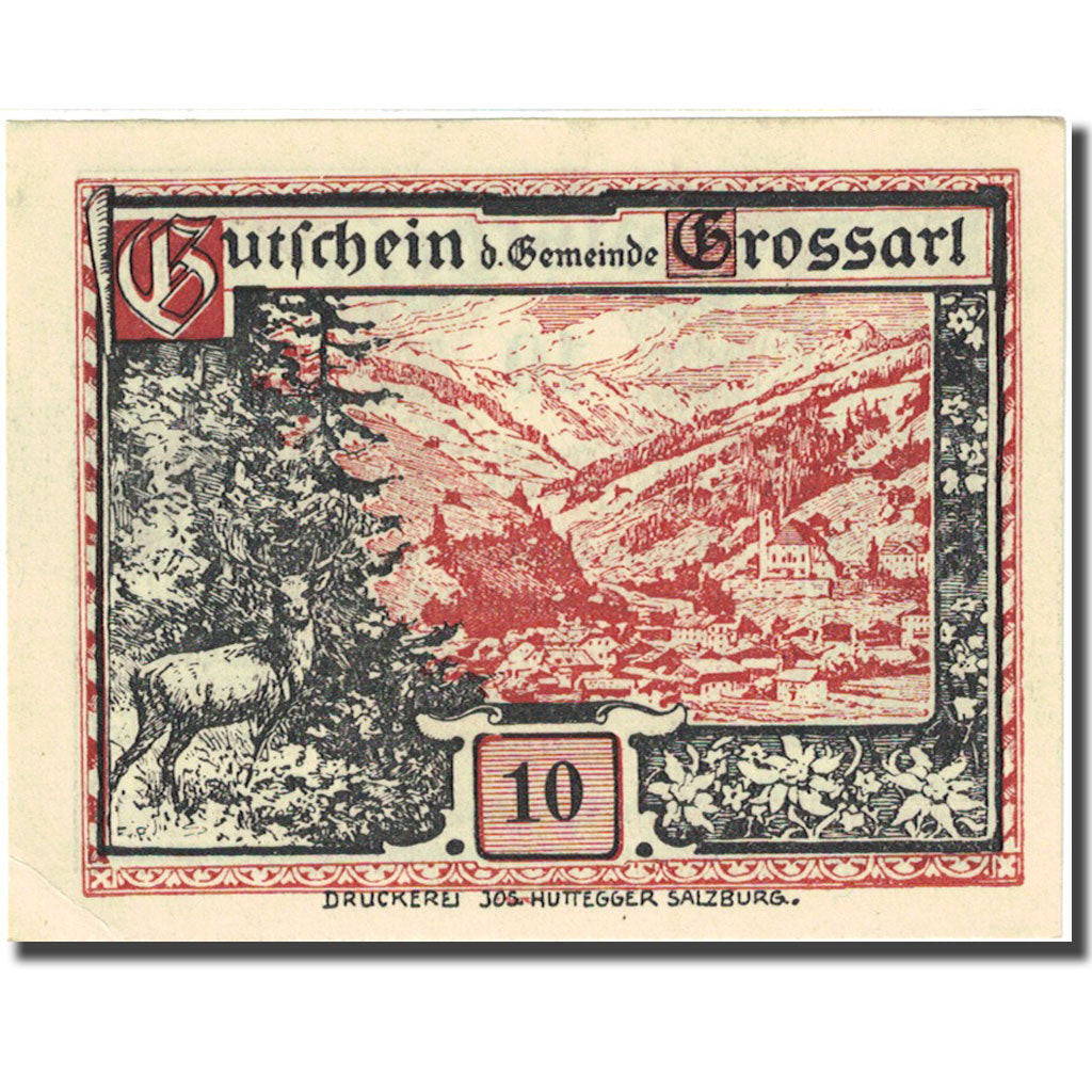 Banknote, Austria, Grossarl, 10 Heller, paysage, 1920 UNC(60-62) Mehl:FS 292c