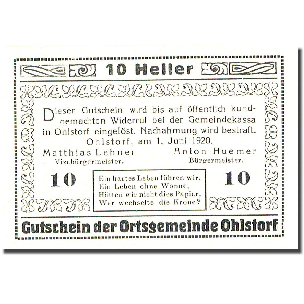Banknote, Austria, Ohlstorf, 10 Heller, Eglise 1920-06-01, UNC(63) Mehl:FS 708b