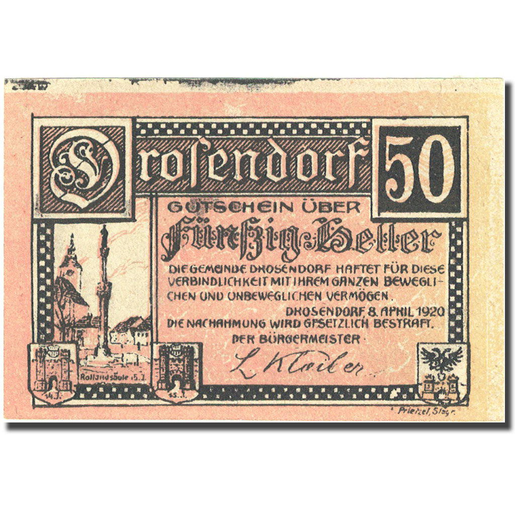 Banknote, Austria, Drosendorf, 50 Heller, château 1920 UNC(63) Mehl:FS 134a