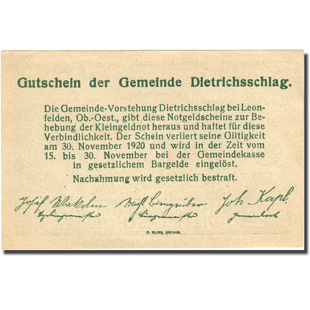 Banknote Austria Dietrichschlag 50Heller agriculteur 1920 UNC(60-62) Mehl:FS124a