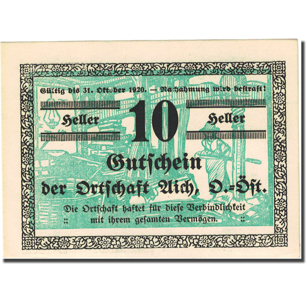 Banknote, Austria, Ortschaft Aich, 10Heller, personnage 1920 UNC(63) Mehl:FS 10a