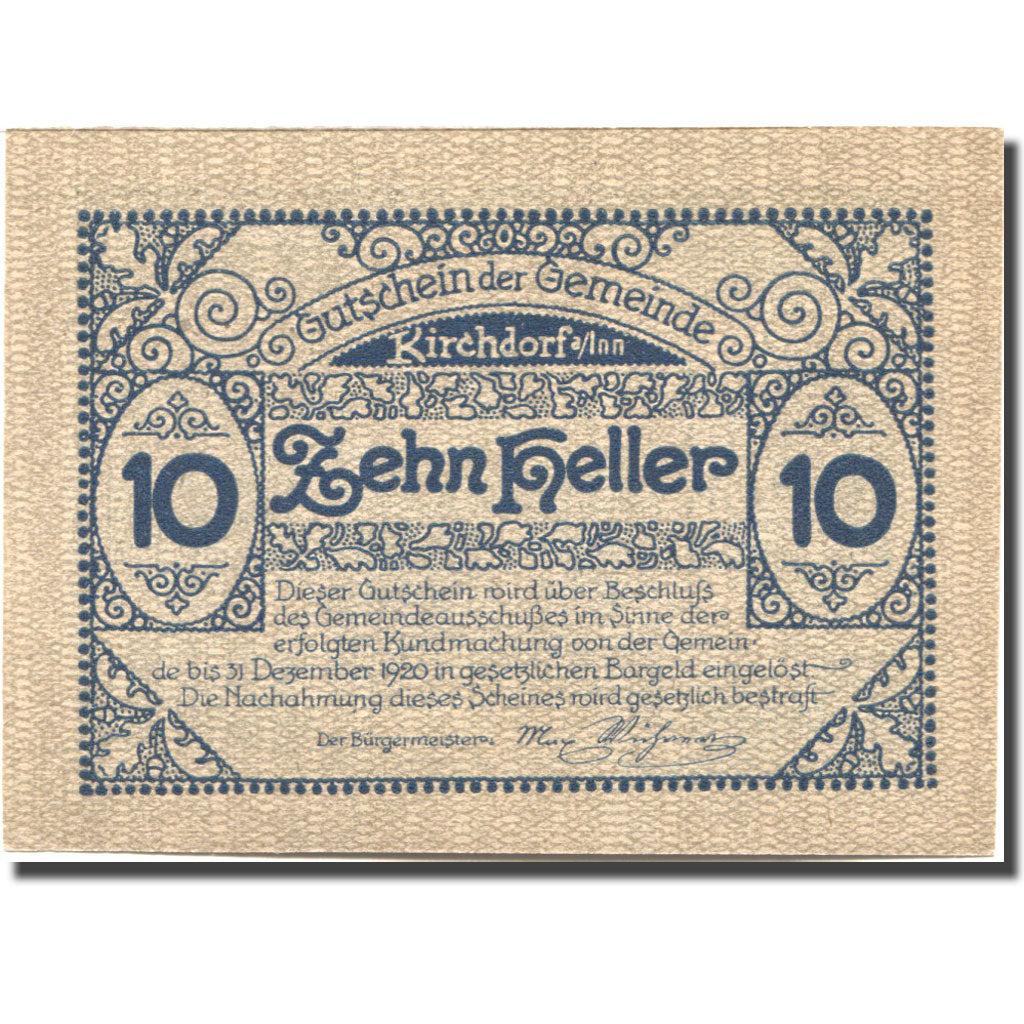 Banknote, Austria, Kirchdorf a/Inn, 10 Heller, Eglise, 1920 UNC(63) Mehl:FS 444a