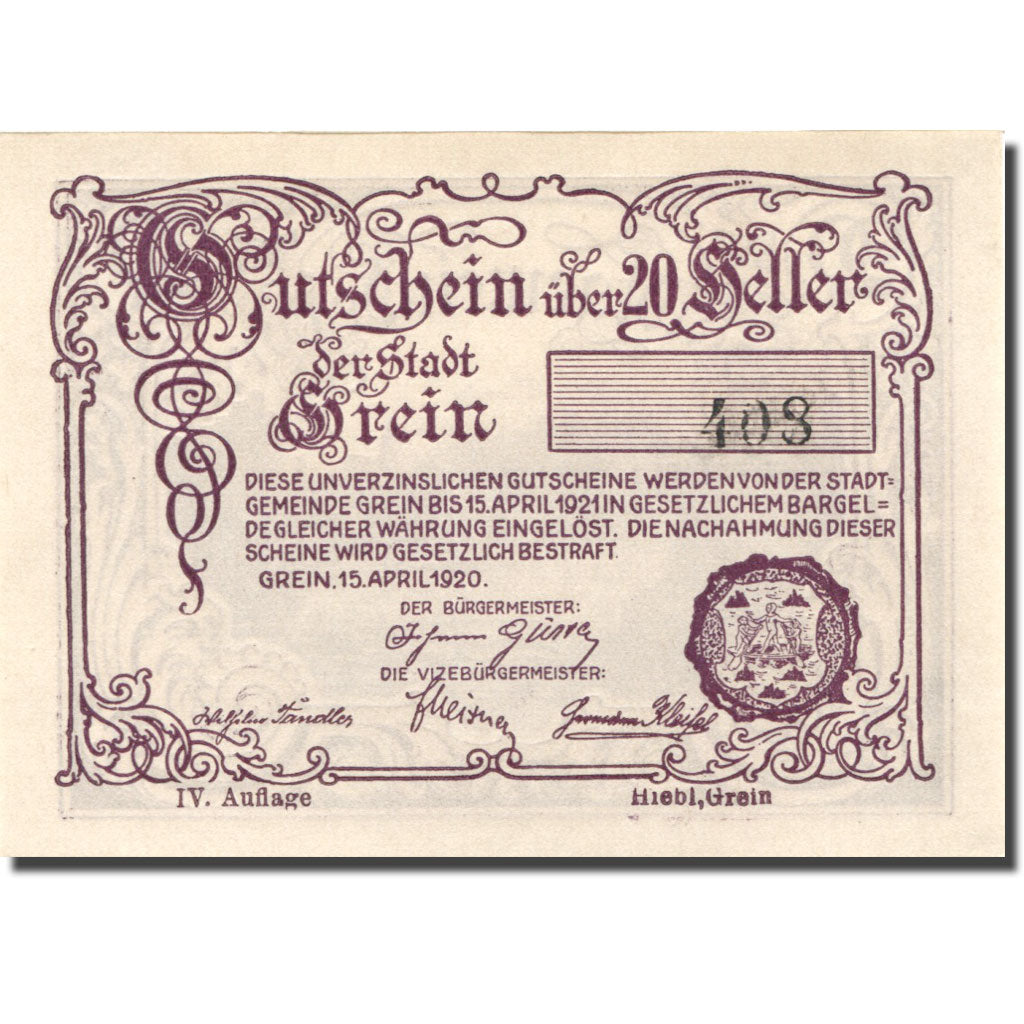 Banconote, Austria, Grein, 20 Heller, paysage 1920-04-15, SPL Mehl:FS 276IVb