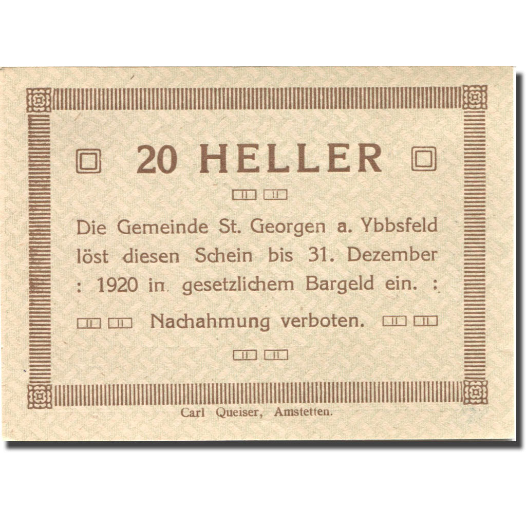 Banknote, Austria, St Georgen, 20 Heller, personnage, 1920 UNC(63) Mehl:FS 885II