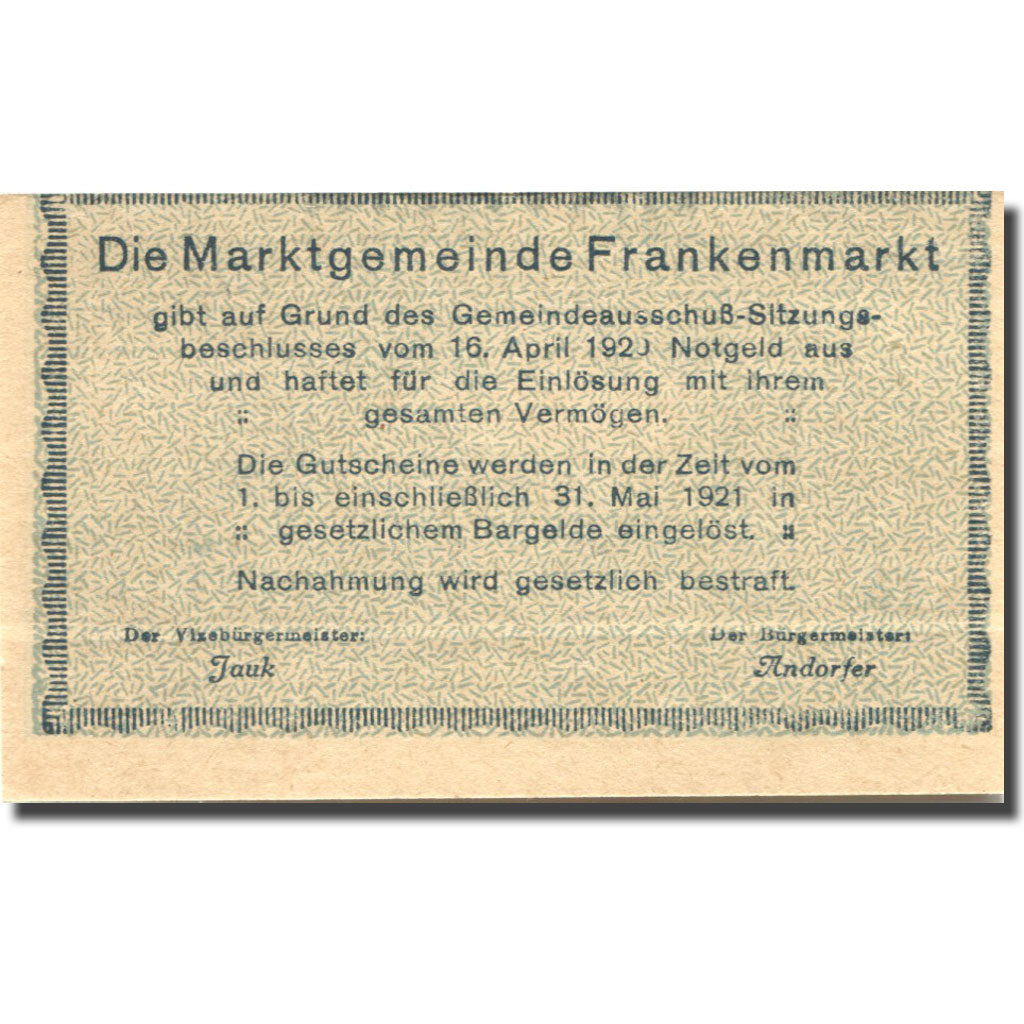 Banknote, Austria, Frankenmarkt, 20 Heller, rue, 1921 UNC(63) Mehl:FS 209a