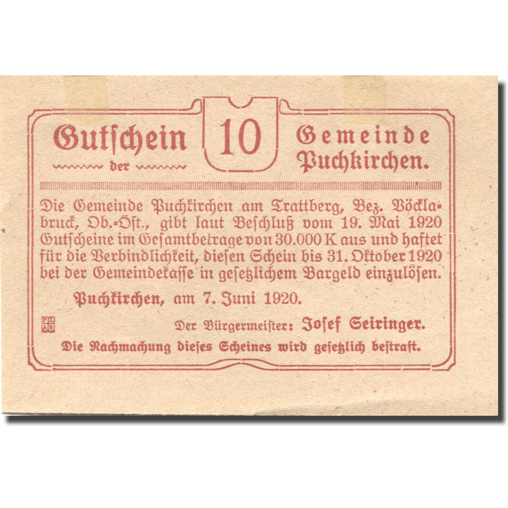 Banknote, Austria, Puchkirchen 10 Heller épis de blé 1920 AU(55-58) Mehl:FS 789