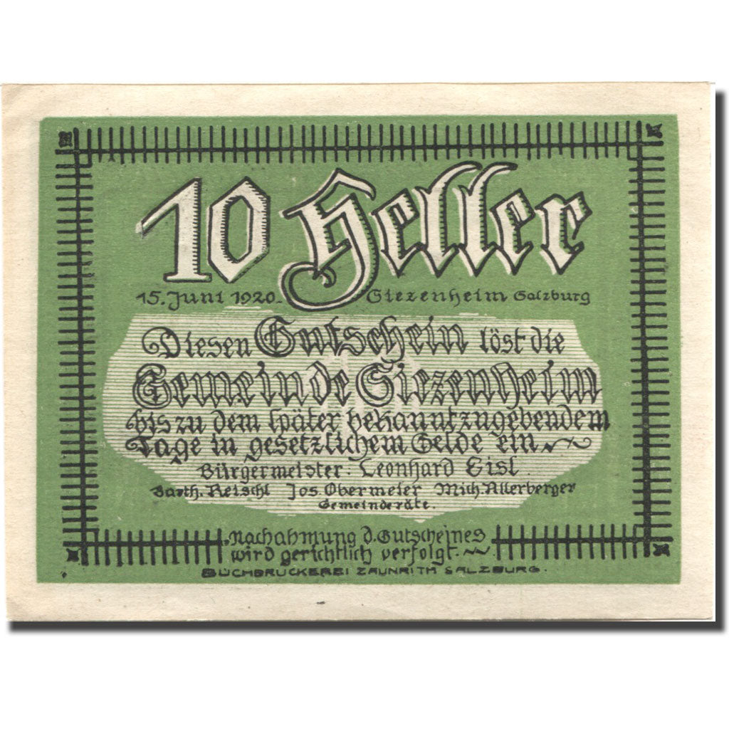 Banknote, Austria, Salzburg, 10 Heller, montagne, 1920 UNC(63) Mehl:FS 862