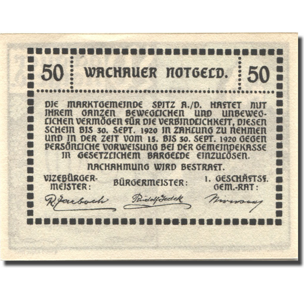 Banknote, Austria, Spitz an der Donau, 50 Heller 1920 UNC(63) Mehl:FS 1122.2IIa