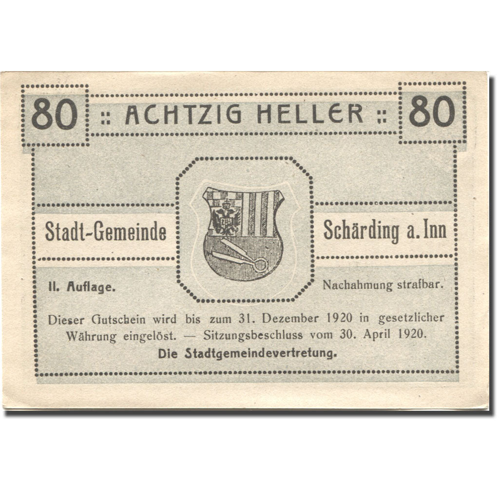 Banknote, Austria, Schärding, 80 Heller, château, 1920 UNC(60-62) Mehl:FS 951IIa