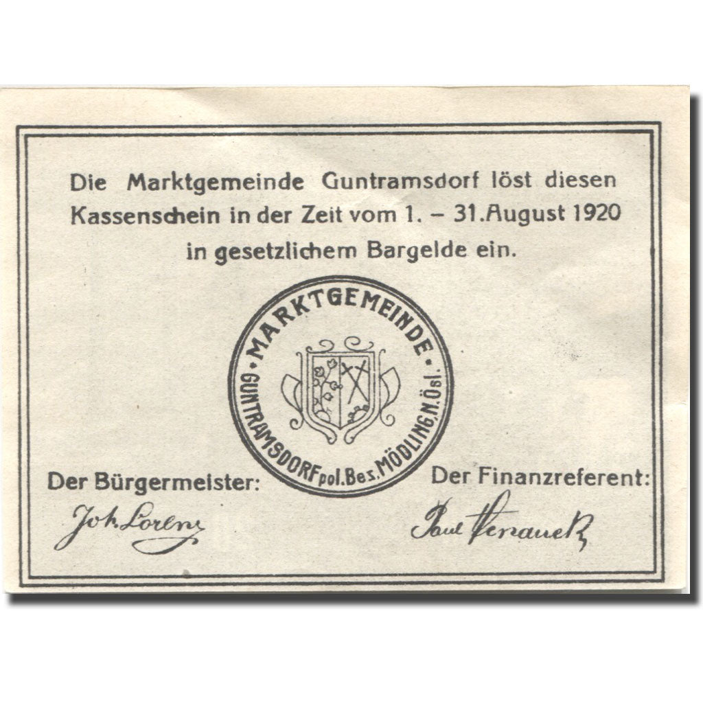 Billet, Autriche, Guntramsdorf, 20 Heller, Usine 1920-08-31, SUP Mehl:FS 310j