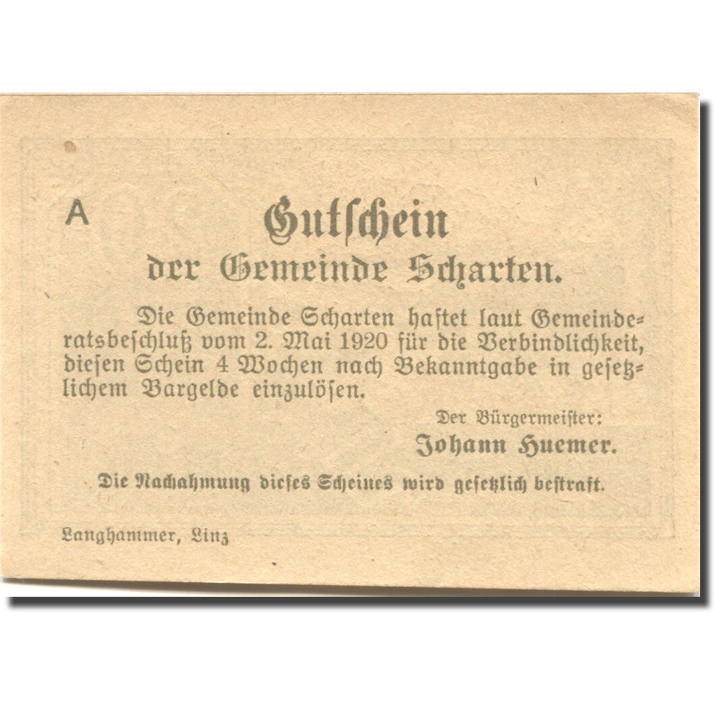 Billet, Autriche, Scharten, 20 Heller, Pâture 1920-05-02, SPL Mehl:FS 955a