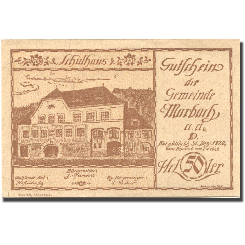 Banknote, Austria, Marsbach, 50 Heller school 1920 UNC(63) Mehl:FS 579I