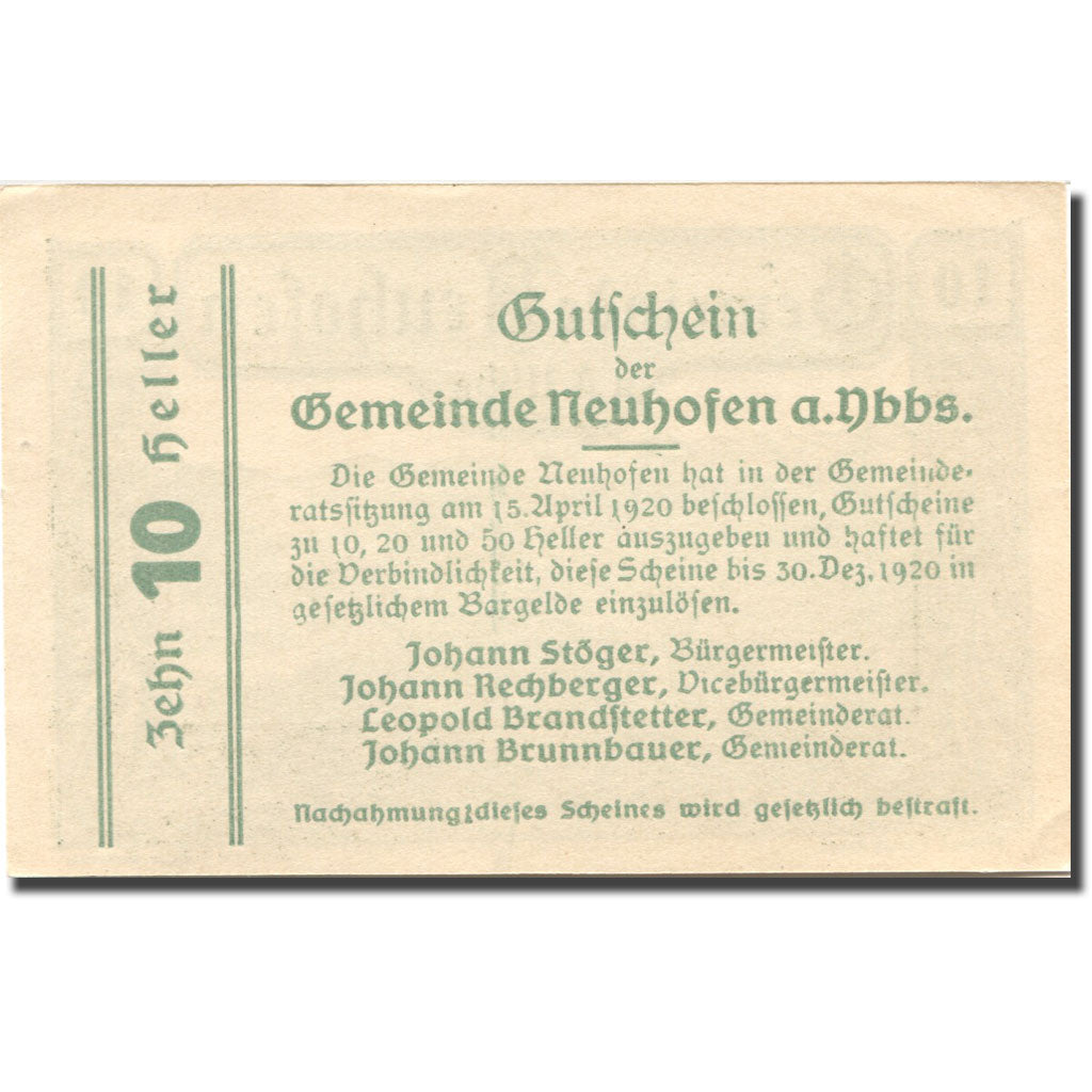Banknote Austria Neuhofen a/d Ybbs 10Heller village, 1920 UNC(63) Mehl:FS 650b