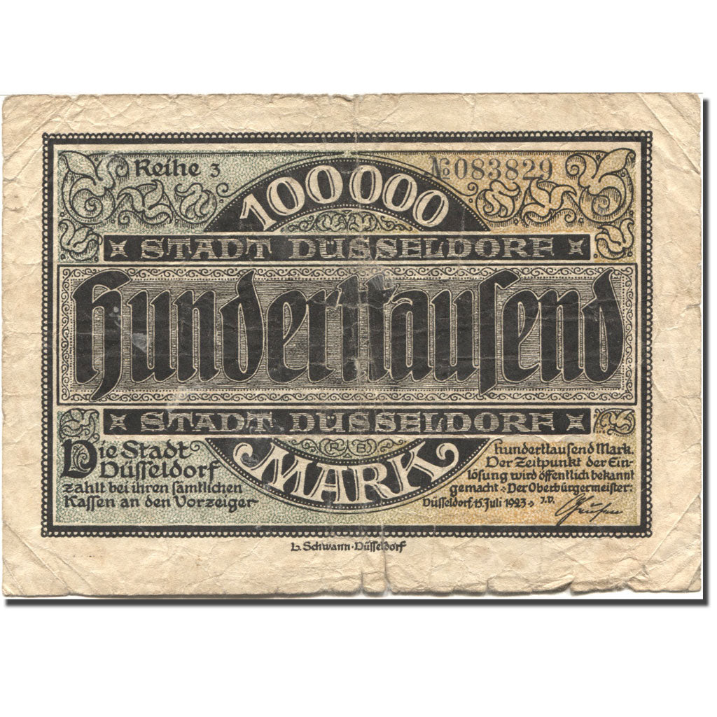 Banknot, Niemcy, Düsseldorf, 100 000 Mark, valeur faciale, 1923-07-15 VF(20-25)