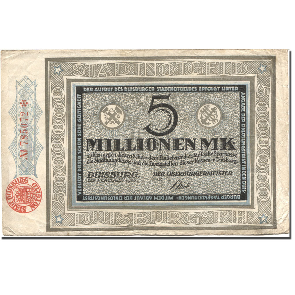Banknote, Germany, Duisburg, 5 Millionen Mark, théâtre, 1920-08-15 EF(40-45)