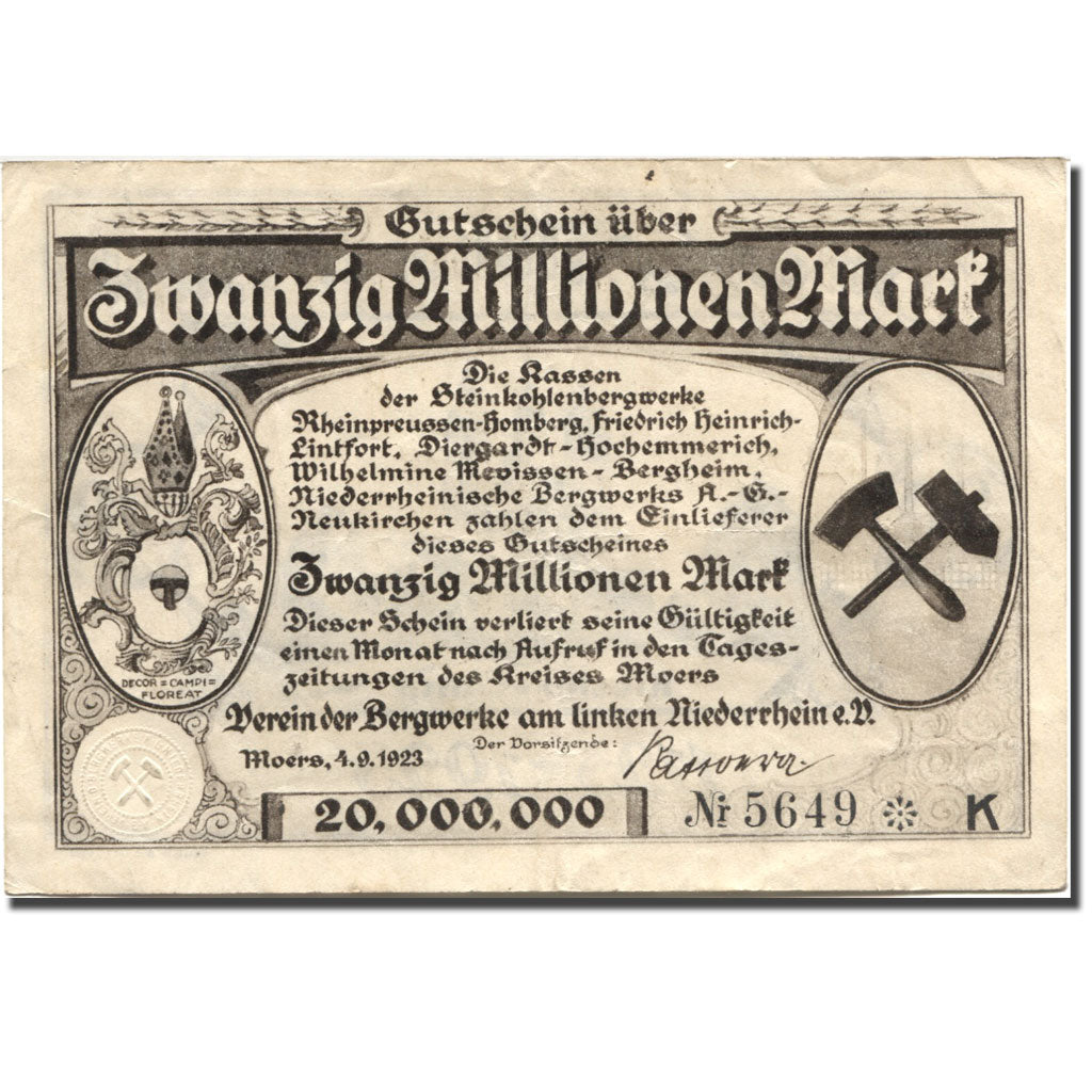 Billet, Allemagne, Nieheim, 20 Millionen Mark, Eglise, 1923, 1923-09-04, TTB
