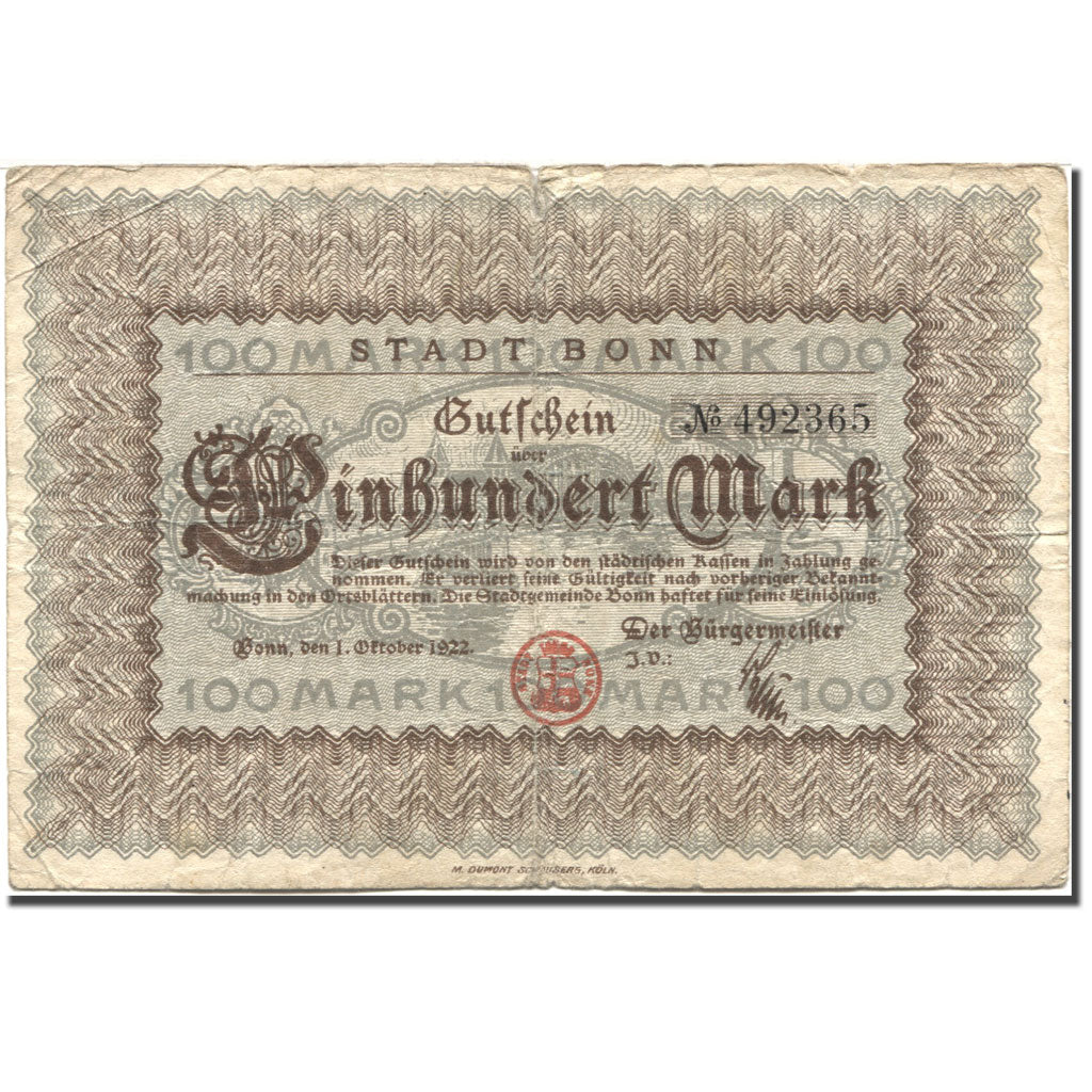Banknote, Germany, Bonn, 100 Mark, pont, 1922, 1922-10-01, VF(20-25)