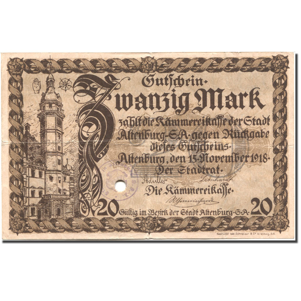 Banconote, Germania, Altenburg, 20 Mark, Monument, 1918, 1918-11-15, BB