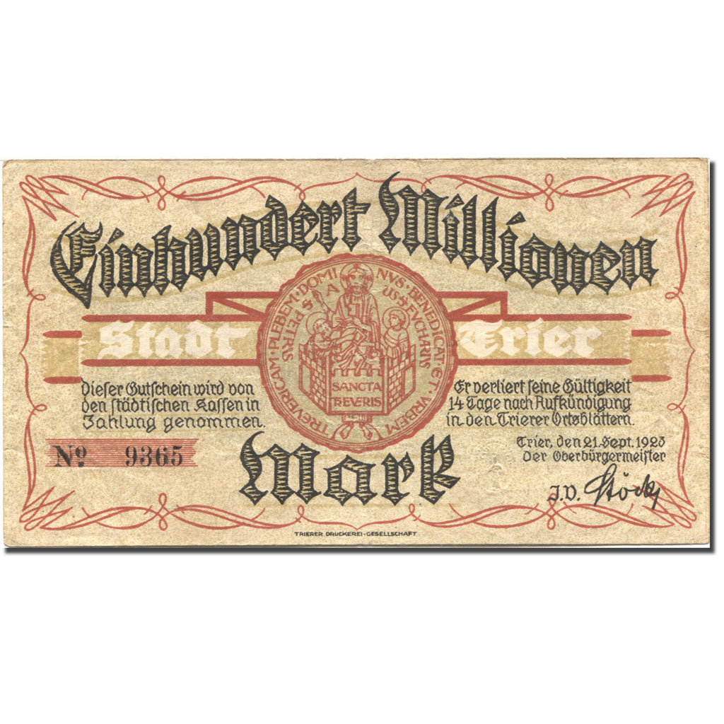 Banknote, Germany, Trier, 100 Millionen Mark, pont, 1923, 1923-09-21, VF(30-35)