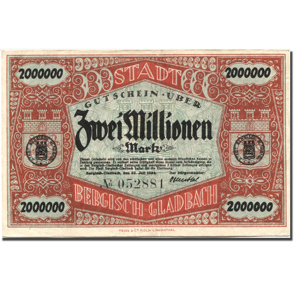Banknote, Germany, Bergisch-Gladbach, 2 Millionen Mark, Blason, 1923 AU(55-58)