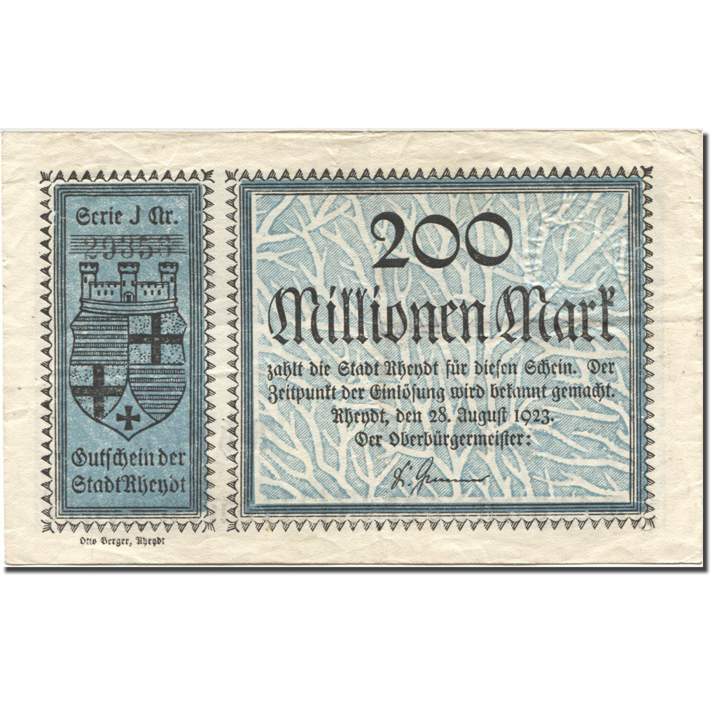 Banknote, Germany, Rhendt, 200 Millionen Mark, Blason 1923, 1923-08-28 EF(40-45)