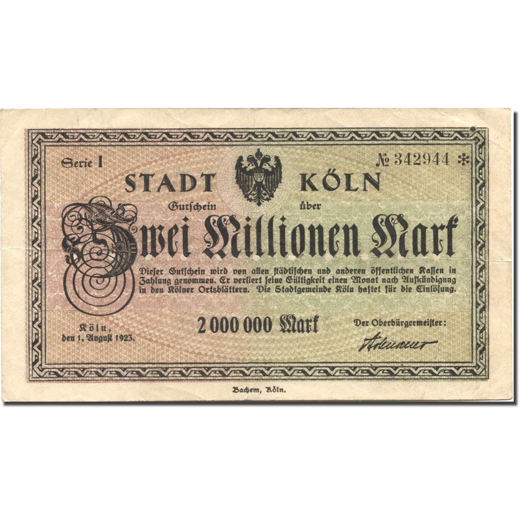 Banconote, Germania, Köln, 2 Millionen Mark, valeur faciale 1923-08-01 BB+