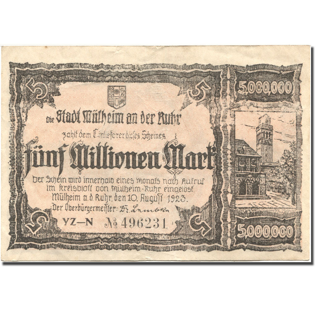 Banknote, Germany, Mülheim ad Ruhr, 5 Millionen Mark Eglise 1923-08-10 AU(55-58)
