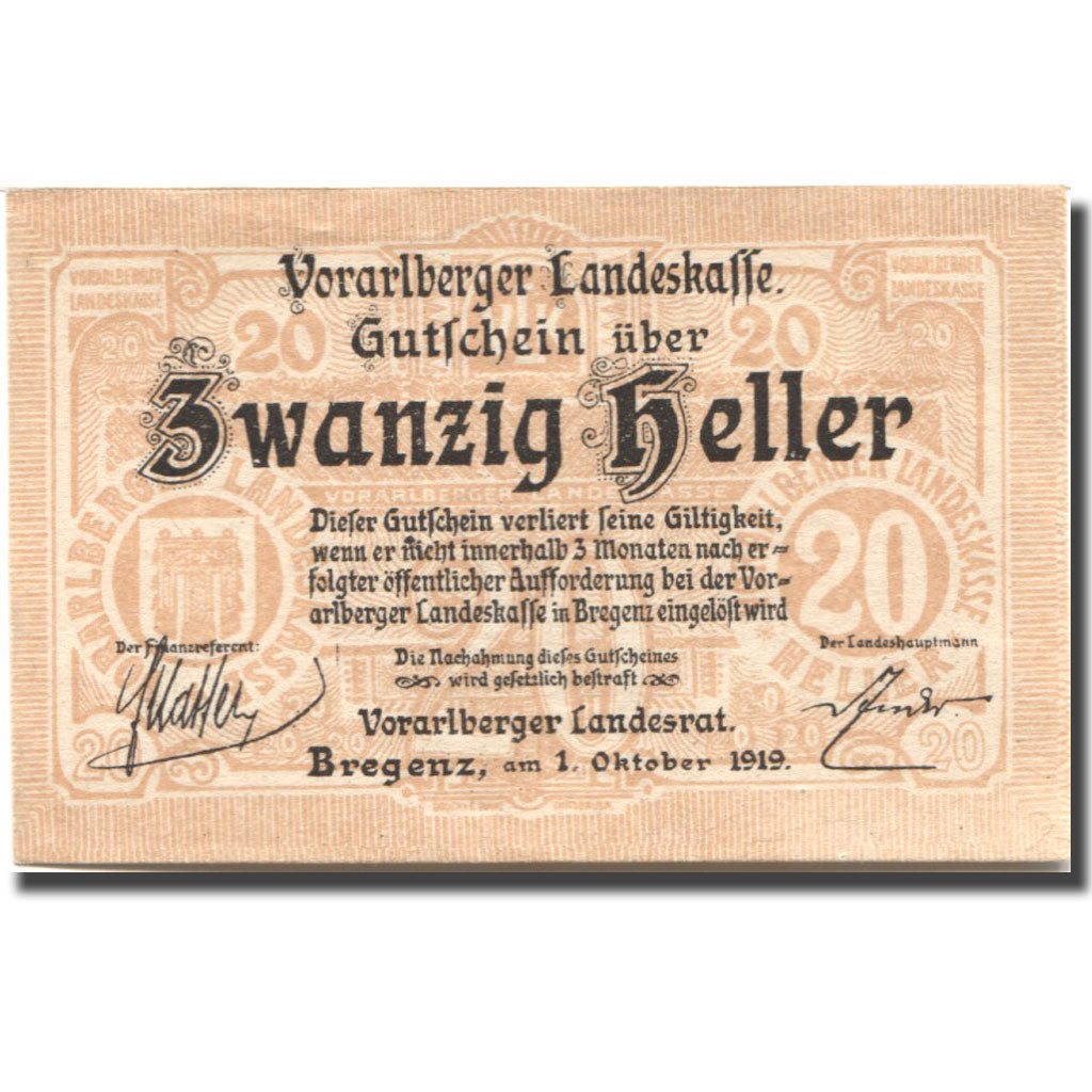 Banknote, Austria, Vorarlberger, 20 Heller, Blason 1, 1919 UNC(63) Mehl:FS 1118I