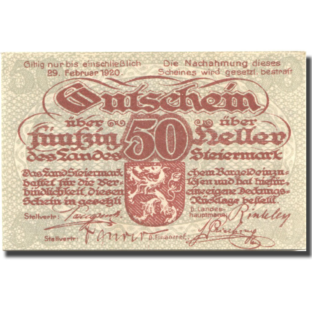 Banknote, Austria, Steiermark, 50 Heller, Blason, 1920 UNC(63) Mehl:FS 1014a