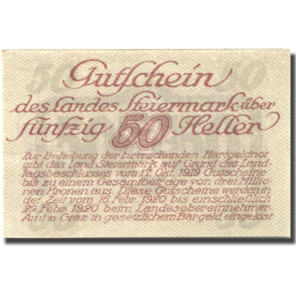 Banknote, Austria, Steiermark, 50 Heller, Blason, 1920 UNC(63) Mehl:FS 1014a