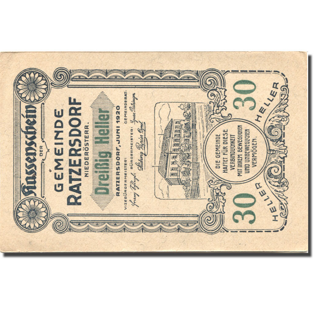 Banconote, Austria, Ratzersdorf, 30 Heller, mairie, 1920 SPL- Mehl:FS 822