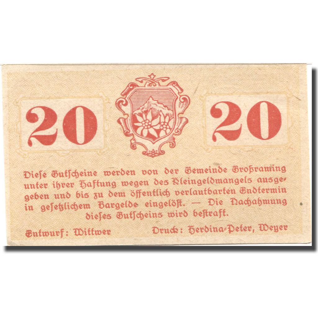 Banknote, Austria, Grossraming, 20 Heller, pont, 1920 UNC(63) Mehl:FS 296