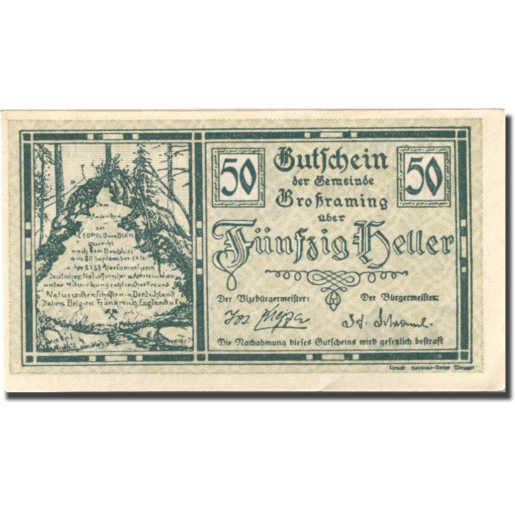 Banknote, Austria, Grossraming, 50 Heller, Forêt, 1920 UNC(63) Mehl:FS 296