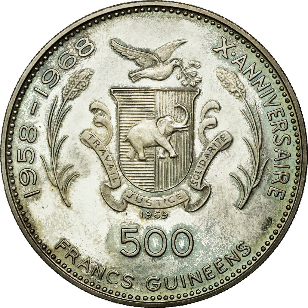 Coin, Guinea, 500 Francs, 1969, MS(65-70), Silver, KM:16