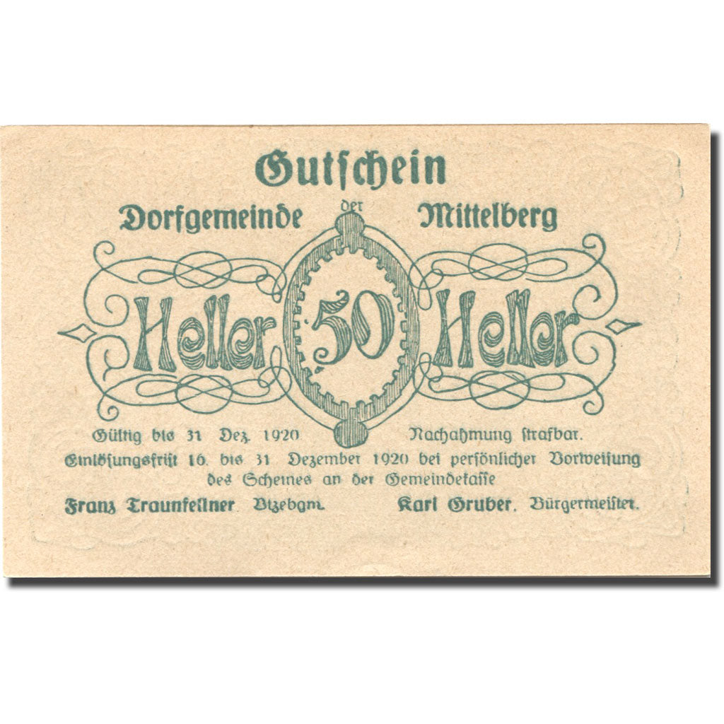 Banconote, Austria, Mittelberg, 50 Heller, ruine 1920-12-31, SPL Mehl:FS 158