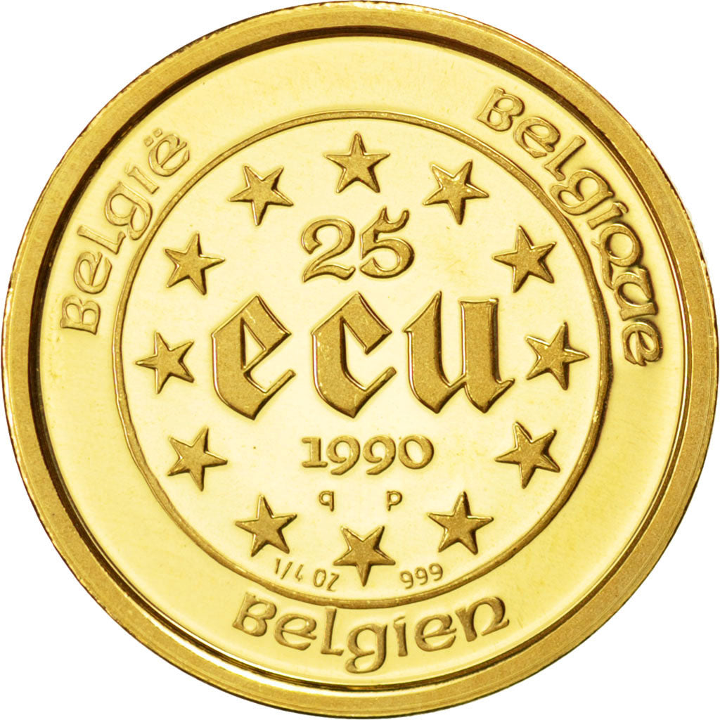 BELGIUM, 25 ECU, 1990, KM #173, MS(65-70), Gold, 21, 7.83