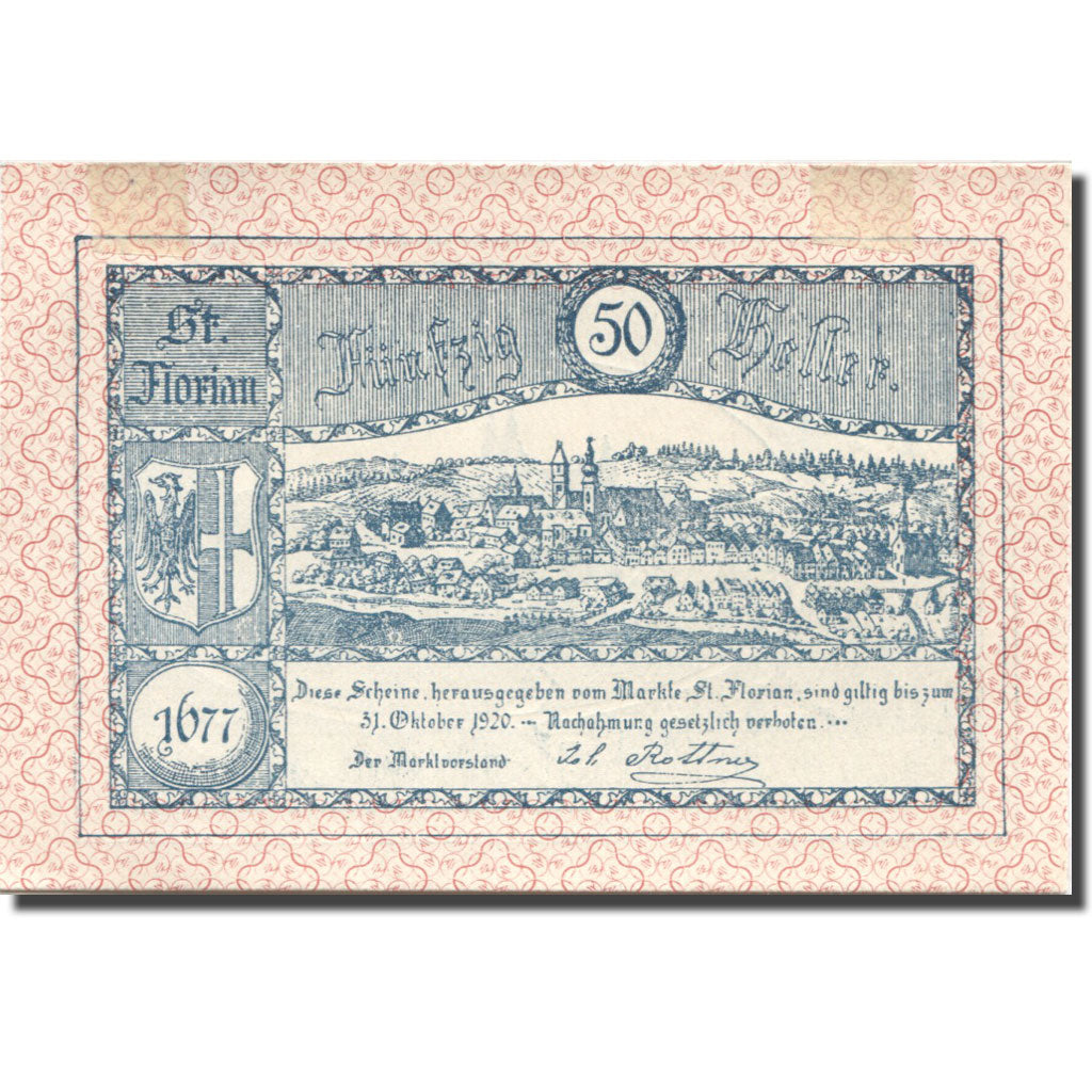Billet, Autriche, St Florian, 50 Heller, village 1920-10-31, SUP Mehl:FS 879Ib