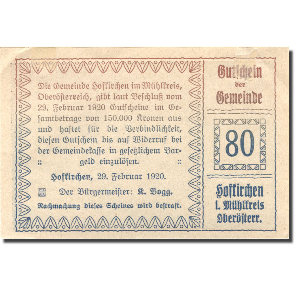 Banknote, Austria, Hofkirchen, 80 Heller, Eglise 1920 AU(55-58) Mehl:FS 386Ia1