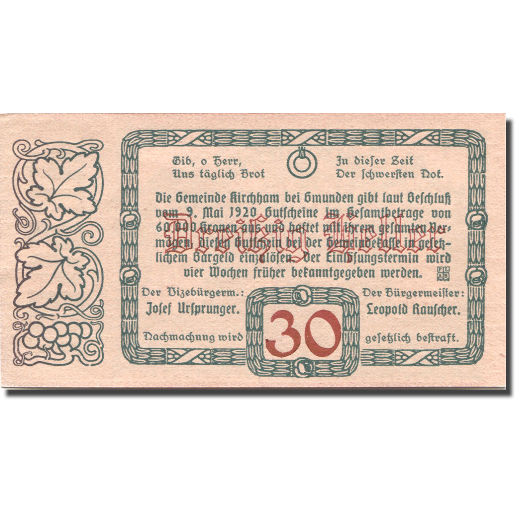 Banknote, Austria, Kirchham, 30 Heller, village, 1920, UNC(63) Mehl:FS 446