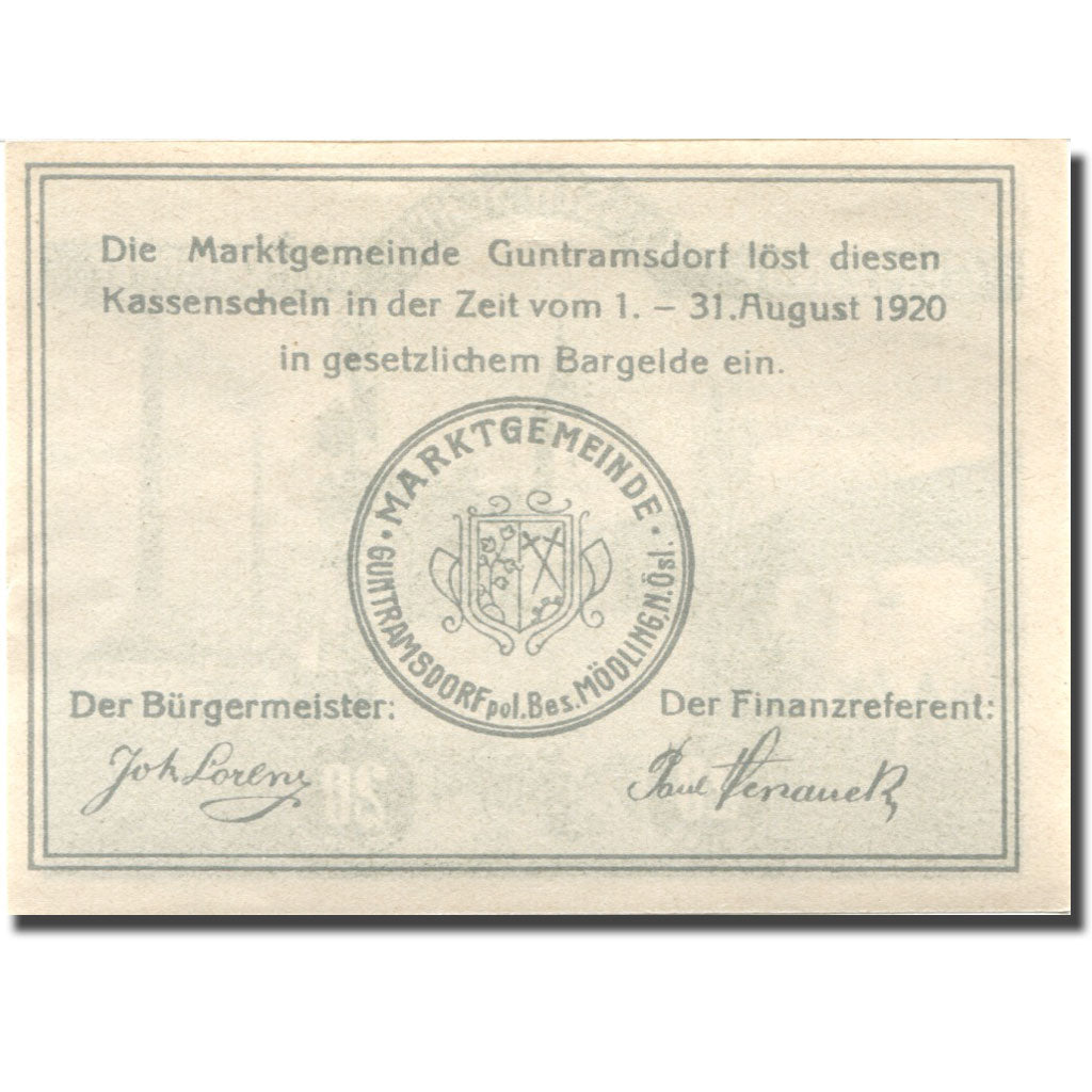 Banknote, Austria, Guntramsdorf, 20 Heller, Usine, 1920 UNC(63) Mehl:FS 310e