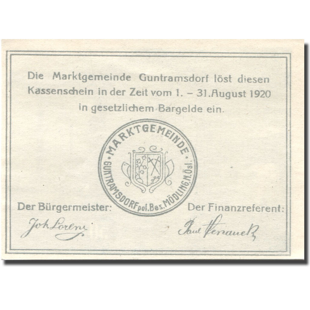 Banknote, Austria, Guntramsdorf, 50 Heller, Eglise, 1920 UNC(63) Mehl:FS 310a
